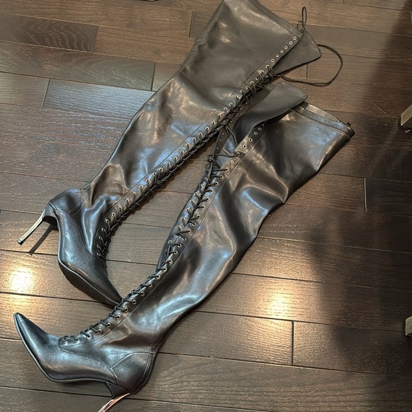 🔵 CUCCOO Faux Leather Point Toe Lace-Up Front Thigh High Boot Sz 7.5 - Picture 6 of 9